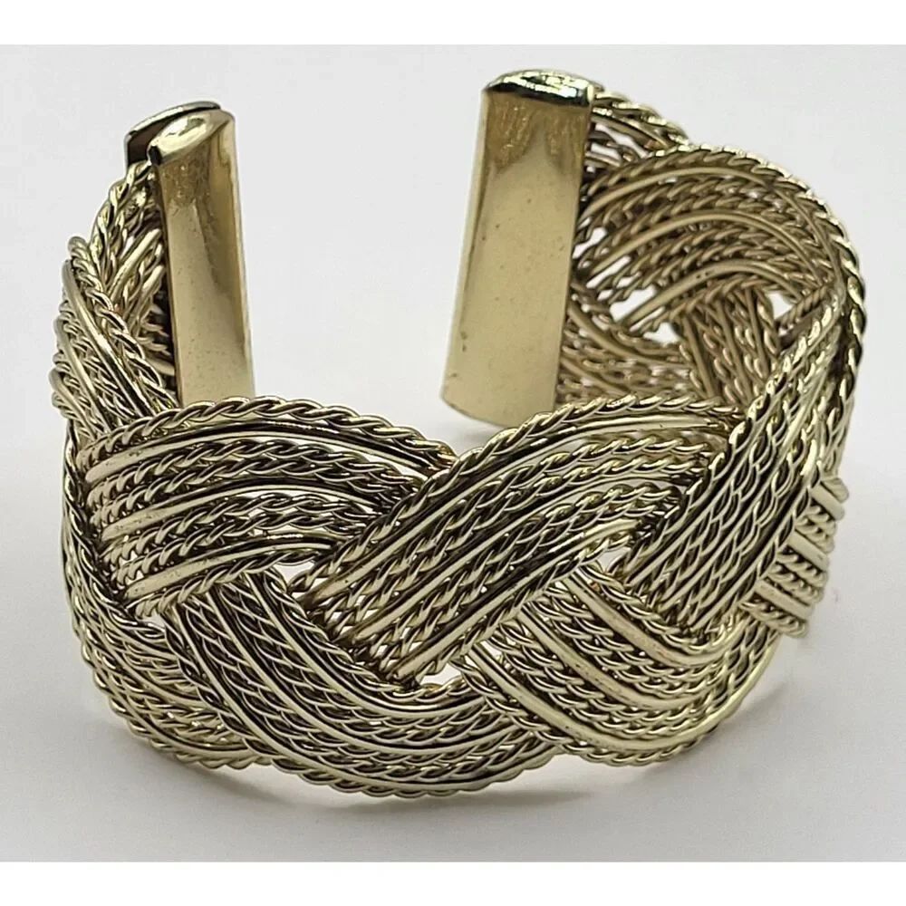 Vintage 80s Goldtone Braided Cuff Bracelet 1.5in wide Chunky Boho Quality